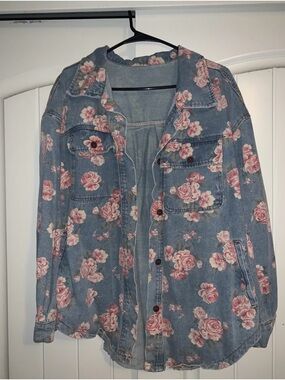 Floral Denim Jacket - Pink Rose Print